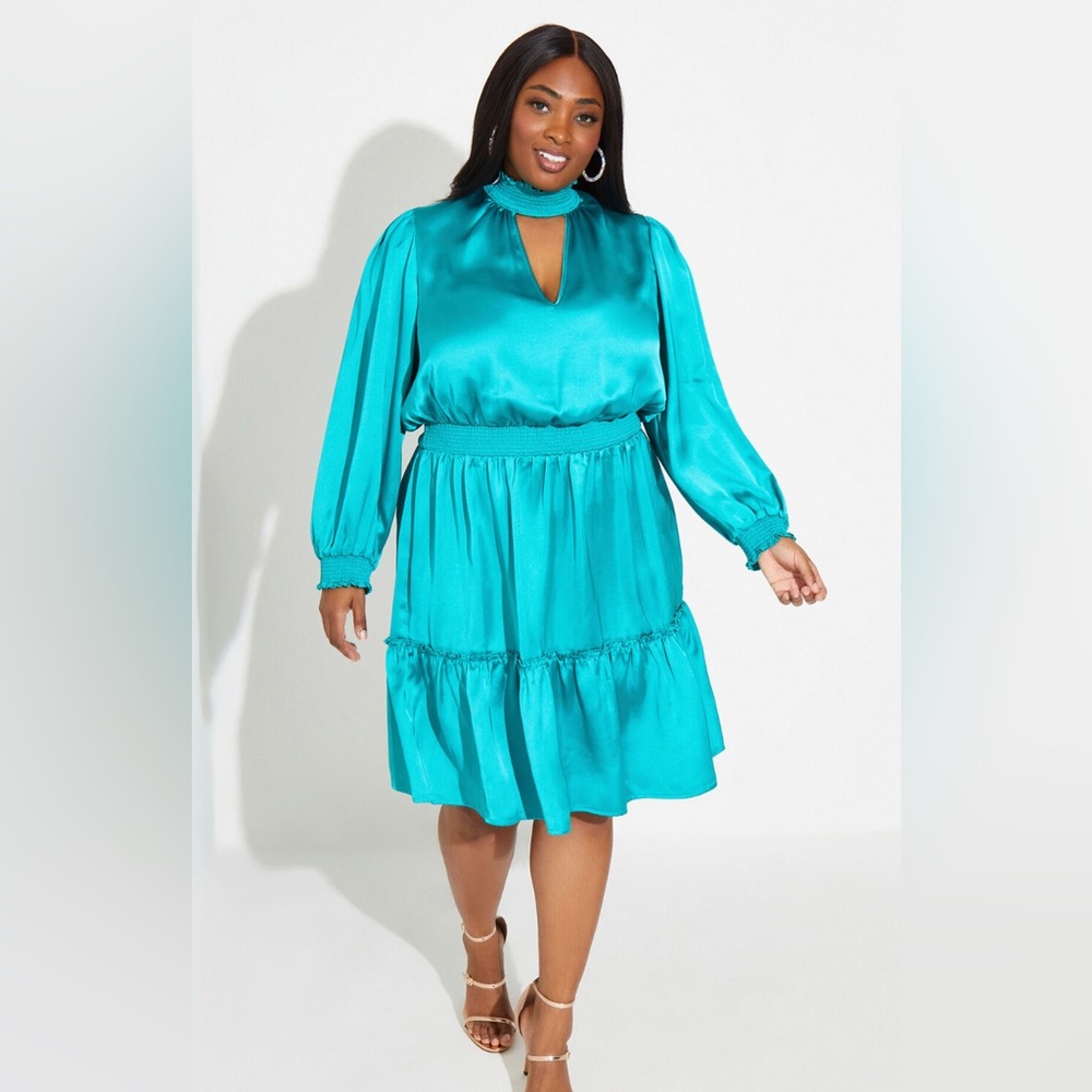 Ashley Stewart Cutout Smocked Satin Dress